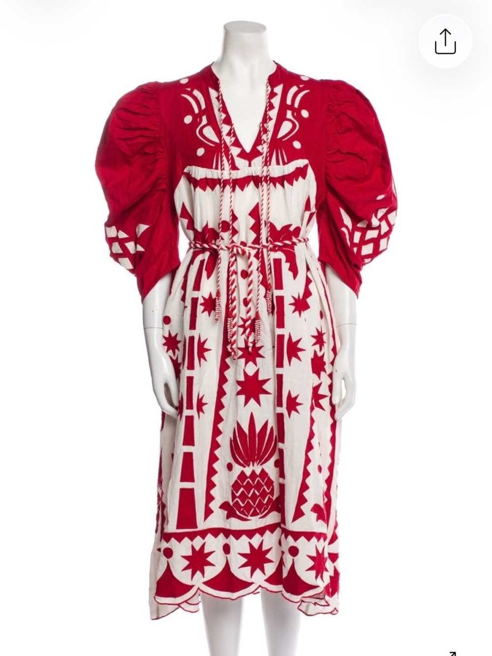 FARM Rio Red and White Tropical Cutwork Midi Dress